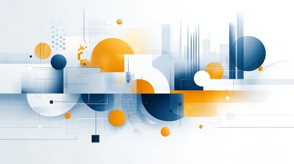 Poster - Abstract geometric design featuring circles and lines in blue and orange hues, creating a modern and dynamic composition with overlapping shapes and grid elements.