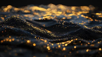 Poster - Luxurious abstract waves with black fabric texture and shimmering gold glitter, evoking opulence and an elegant night scene.