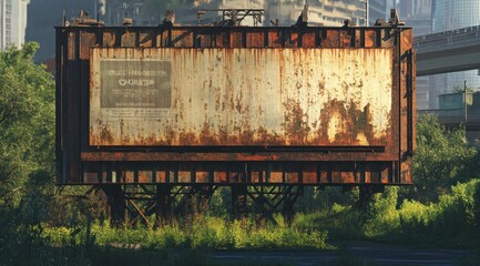 Poster - An overgrown, rusty billboard stands in a deserted urban area, showcasing neglect and decay.