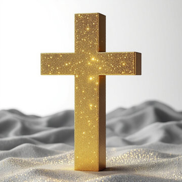 Christian gold cross and glitter of golden particles vector illustration. 3D realistic holy church and faith prayer symbol with glow light effect, precious luxury jewelry shining on black background