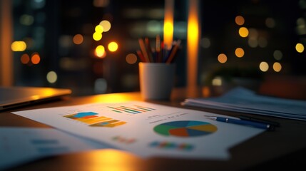 Poster - A workspace featuring charts and graphs, illuminated by ambient light.