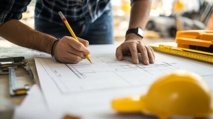 Poster - An architectural draftsman sketching building plans on a construction site, with blueprints and measuring tools spread out on a drafting table, Architectural drafting scene