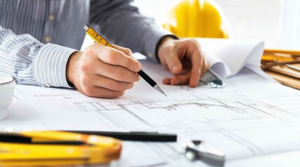 Poster - An architectural draftsman sketching building plans on a construction site, with blueprints and measuring tools spread out on a drafting table, Architectural drafting scene