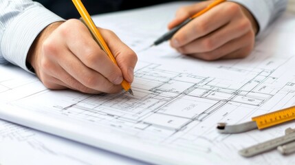 Poster - An architectural draftsman sketching building plans on a construction site, with blueprints and measuring tools spread out on a drafting table, Architectural drafting scene