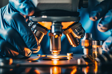 Wall Mural - close up of microscope in science laboratory