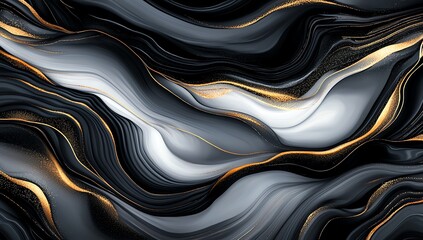 Poster - Abstract waves of black and white with golden accents create a dynamic and mesmerizing visual effect, ideal for modern design projects and creative backgrounds.