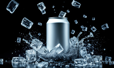 silver can surrounded by ice cubes and splashing water creates refreshing scene. dynamic movement and cool colors evoke sense of chill and thirst quenching enjoyment