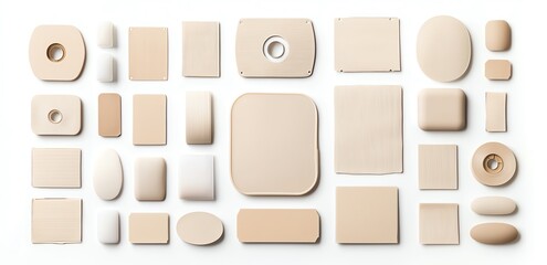 Poster - An arrangement of various beige tiles in geometric shapes. Perfect for design projects and interior decor. Textures and shades create a modern, minimalist aesthetic.