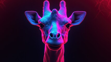 Poster - A vibrant, stylized giraffe portrait illuminated with neon colors against a dark background.