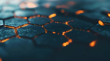 Poster - A futuristic hexagonal grid pattern with glowing orange highlights, creating a sci-fi, high-tech, and modern digital texture.