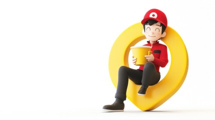 Aufkleber - A cheerful character sitting on a location pin, holding a drink, suggesting delivery or service.
