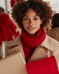 Wall Mural - A young woman walking through a snowy street with wrapped gift boxes in her hands.