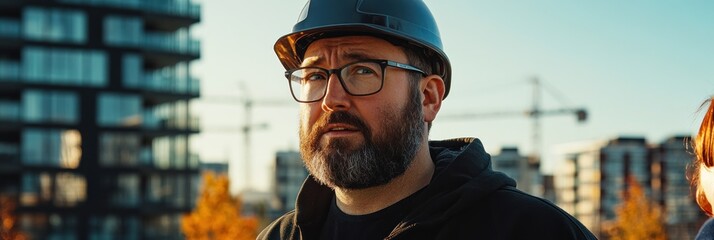 Poster - A man in a hard hat and glasses stands outdoors, looking serious amidst construction activity.