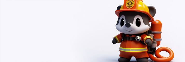 Poster - A cute cartoon raccoon dressed as a firefighter, ready for action with a hose and gear.