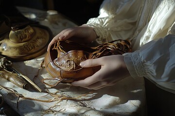 Poster - A person holds a handcrafted leather item, surrounded by tools and materials on a table.