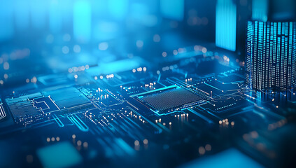 Poster - Close-up of a glowing blue circuit board, showcasing intricate electronic components and pathways in a modern technological environment.