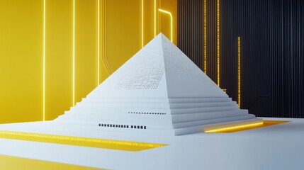 Poster - A futuristic white pyramid structure illuminated by yellow lights against a dark background.