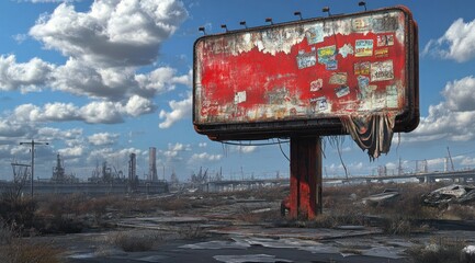 Poster - A weathered billboard stands in a desolate industrial landscape under a cloudy sky.