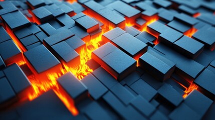 Aufkleber - Abstract depiction of dark blocks with glowing lava-like elements in between.