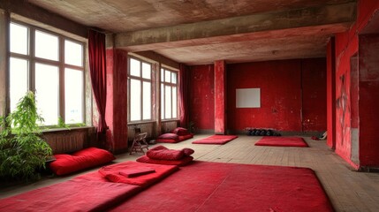 Poster - A serene, red-themed meditation space with cushions and natural light.