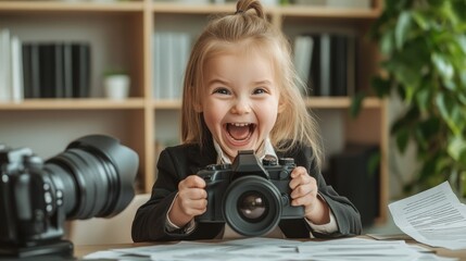 Poster - A joyful child holding a camera, excited about photography in a creative workspace.