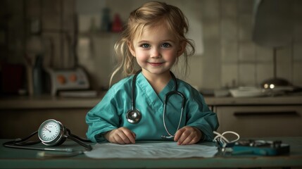Aufkleber - A young girl in a doctor's outfit with a stethoscope, smiling at a table in a medical setting.