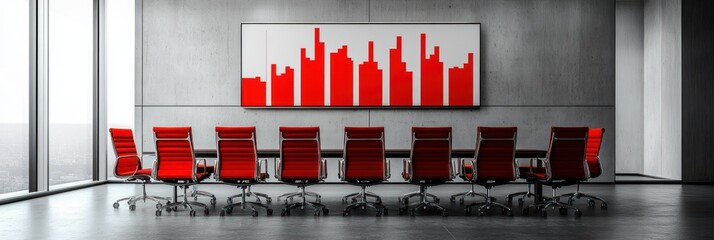 Poster - A modern conference room with red chairs and a large abstract art piece on the wall.
