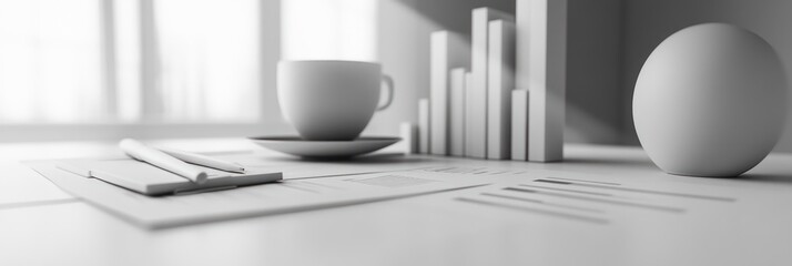 Aufkleber - A monochromatic workspace with a cup, charts, and geometric objects for a professional setting.