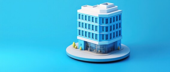Poster - A stylized blue building model on a circular base against a bright blue background.