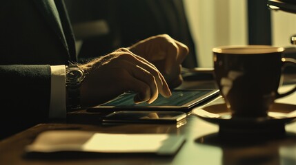 Poster - A person using a tablet while enjoying coffee at a desk, focused on work.