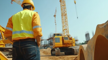 Poster - An engineer inspecting heavy machinery at a construction site, with cranes and construction equipment visible, Machinery inspection scene