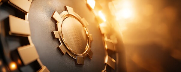 Poster - Close-up of metallic gears illuminated by warm light, symbolizing mechanics and precision. Industrial engineering with a focus on machinery and technology advancements.