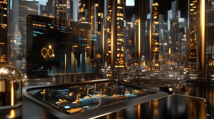 Fototapete - Futuristic workspace with a digital interface and a city skyline backdrop.