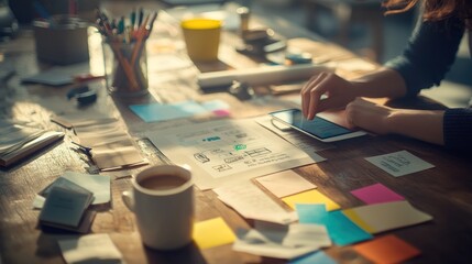 Poster - A workspace with notes, a smartphone, and a cup of coffee, suggesting productivity and creativity.