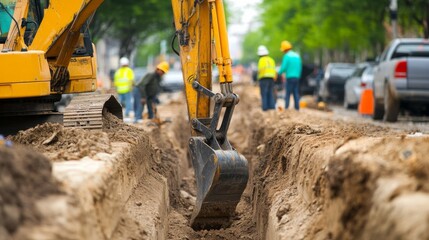 Poster - An excavator operator digging trenches for utility lines at a municipal infrastructure project, with excavation equipment and construction workers in the background, Municipal infrastructure scene