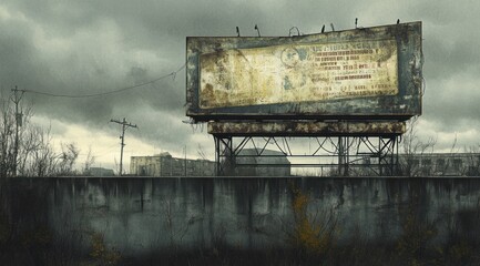 Poster - A weathered billboard stands against a backdrop of an abandoned industrial landscape.