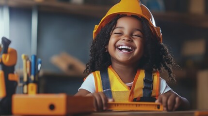 Poster - A joyful child in a construction helmet and vest, engaged in a playful building activity.