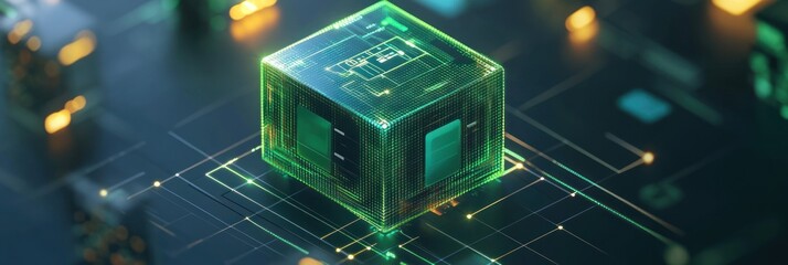 Poster - A futuristic green microchip on a circuit board, representing advanced technology.