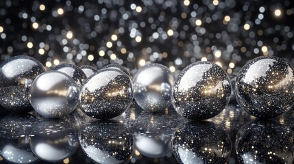 Poster - A collection of shiny silver spheres reflecting light against a sparkling background.