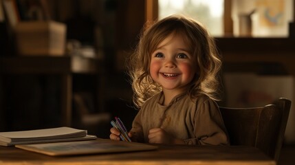 Aufkleber - A joyful child sits at a table, holding colored pencils and smiling brightly.