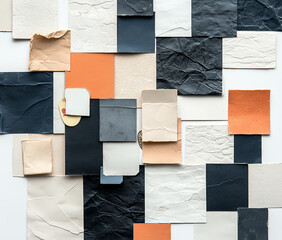 Poster - Creative geometric collage of various textured papers in neutral and vibrant hues, providing a unique background for design and art projects.