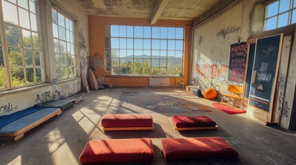 Aufkleber - A spacious, graffiti-decorated room with cushions and large windows offering a scenic view.