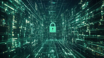 Poster - A digital representation of security with a padlock in a data stream.