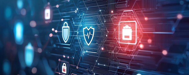 Aufkleber - Digital interface displaying security icons, emphasizing cybersecurity and data protection in a futuristic style. Ideal for technology and network security themes.
