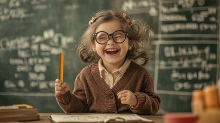 Aufkleber - A joyful child in glasses smiles while holding a pencil in a classroom setting.