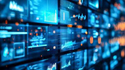 Aufkleber - Dynamic digital display wall showcasing graphs and data analytics in blue tones, symbolizing modern technology, information flow, and innovation in data science.