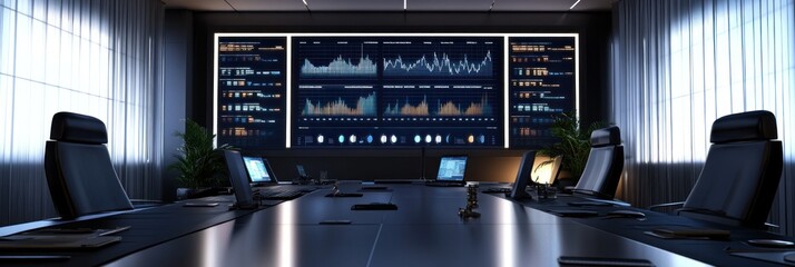 Poster - Modern conference room with a large data display and sleek design for business meetings.