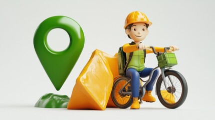 Aufkleber - A cartoon character on a bicycle next to a location pin and construction barriers.