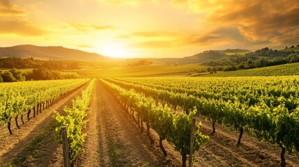 Poster - An expansive vineyard landscape with rows of grapevines under a clear blue sky, Vineyard scene, Natural agriculture style