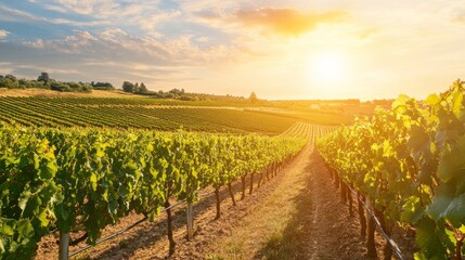 Poster - An expansive vineyard landscape with rows of grapevines under a clear blue sky, Vineyard scene, Natural agriculture style